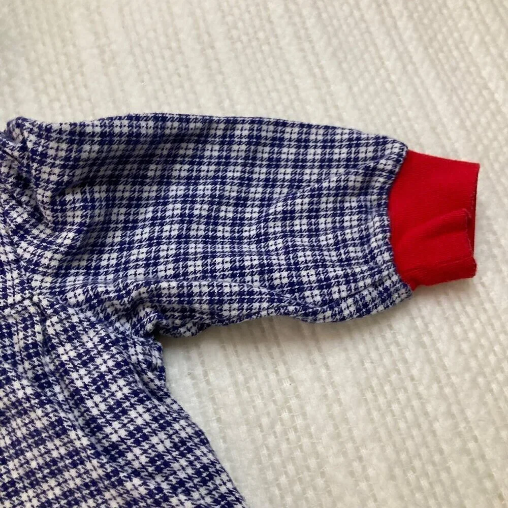 Infants Vintage Hooded‎ Plaid Coverall Bear Blue White Red Cotton 6 - 9mos